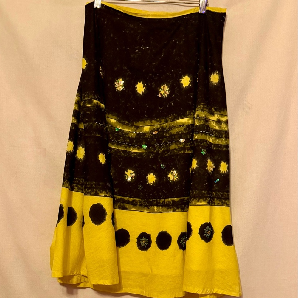 LAPIS Vintage Yellow/Blk Sequined Tea-Length Cotton Skirt SZ. M - Picture 3 of 9